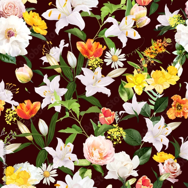 Fototapeta Summer garden floral print with leaves and flowers. Spring tulips, lily, rose, ranunculus, yellow daffodil and plants. Botanical pattern design. Seamless vector colorful pattern. On dark background
