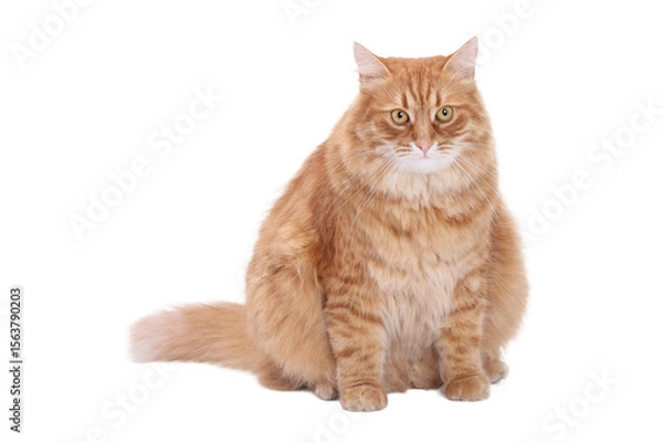 Fototapeta Fluffy ginger cat sitting and looking directly at the camera. Adorable domestic pet isolated on transparent background. Perfect PNG image for design, cutouts, or advertising use.