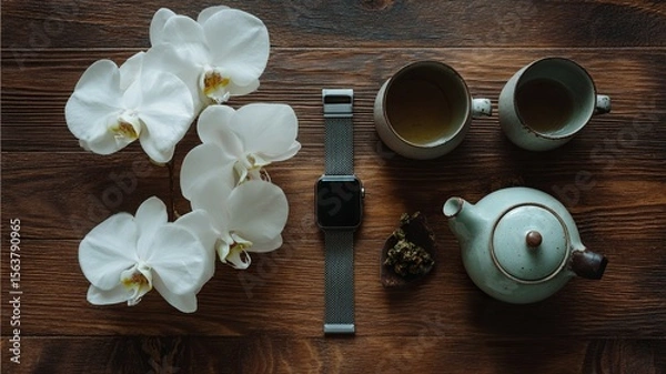 Obraz Wireless Charging Pad and Jasmine Flowers on Ceramic Tray