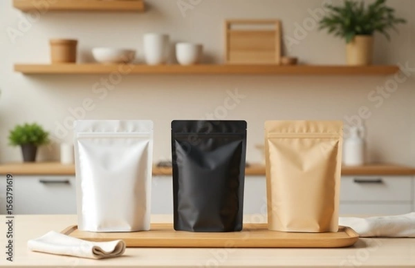 Fototapeta Three standing pouch in white, black, and kraft on light wood in Japandi kitchen with soft natural light, calm background and organic props for premium product branding mockups