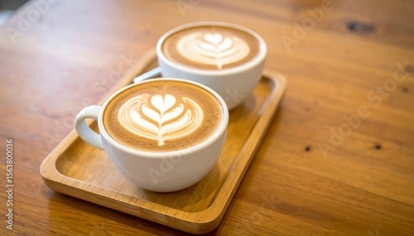 Fototapeta Latte art in mugs on wood tray.