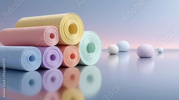 Fototapeta Minimalist 3D Floating Sports Objects on Clean Modern Background, Conceptual Design, Horizontal 16:9, Isolated for Creative Stock Use
