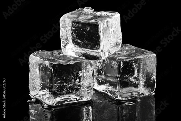 Fototapeta Three clear ice cubes stacked on a glossy black background