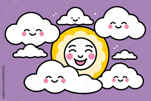Fototapeta Cute Smiling Sun and Clouds Illustration - Kawaii Weather Art for Kids - Pastel Sky Background - Cheerful Cartoon Sun with Pink Cheeks and Happy Clouds