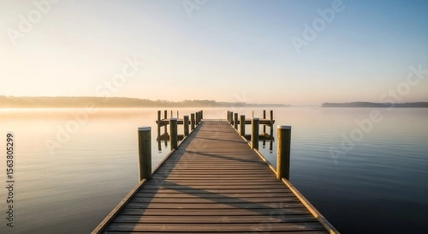 Obraz Wooden Pier Leading to Still Lake at Dawn – Tranquil Empty Space with Nature Focus