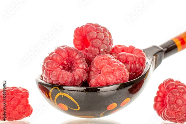 Fototapeta Fresh sweet raspberries isolated on white background, macro.	

