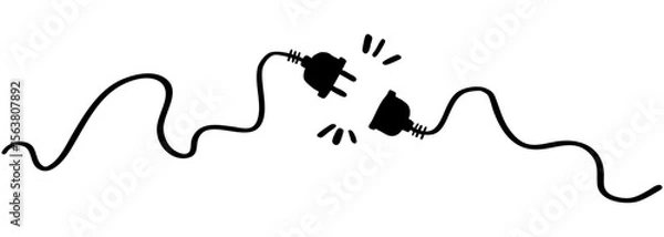 Obraz Drawing of electric plug icon and outlet socket unplugged. Doodle Electric socket with a plug. Concept of 404 error connection illustration. Hand drawn cable of energy disconnect