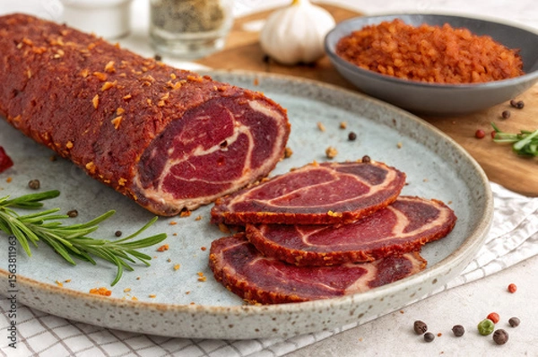 Fototapeta A plate of sliced meat, likely salami, is adorned with rosemary sprigs and seasoned with peppercorns and garlic. In the background, there is a bowl of red seasoning and a glass container of McCormick 