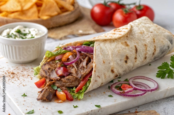 Fototapeta shows a grilled burrito on a marble cutting board. The burrito is filled with shredded meat, lettuce, tomatoes, cucumbers, red onions, and a creamy dip in a small bowl to the side. The burrito is garn
