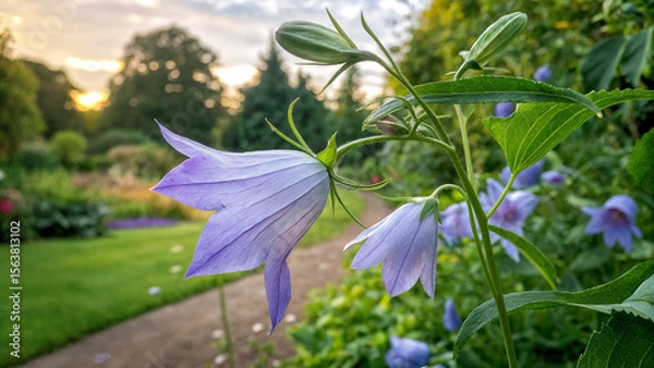 Fototapeta depicts a beautiful garden scene with a focus on a purple balloon flower in the foreground. The background features a pathway, greenery, and a sunset or sunrise setting, creating a serene and pictures