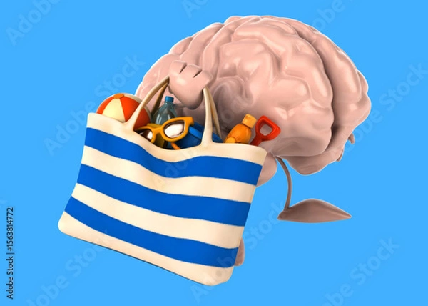 Obraz Fun 3D cartoon brain with a beach bag