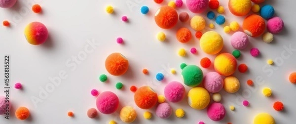 Fototapeta Joyful rainbow balls scattered on a light gray background,  birthday,  kids party