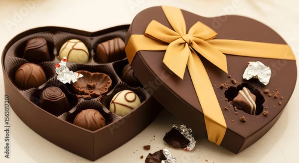 Fototapeta Heart-shaped box of assorted chocolates, elegantly presented with a ribbon.