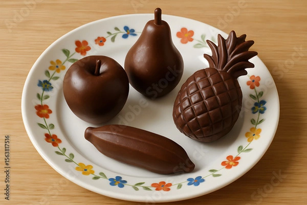 Obraz A delicious fruit arrangement made of chocolate, including an apple, a pear, a banana and a pineapple, presented on a decorative plate.