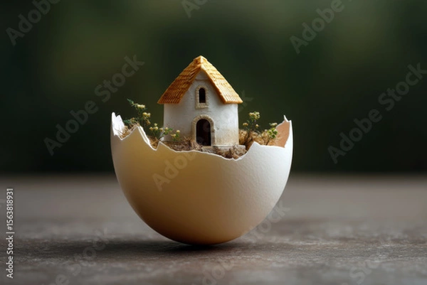 Obraz Nestled in an eggshell, a miniature house adorned with flowers emerges, symbolizing new beginnings and the magic of imagination.