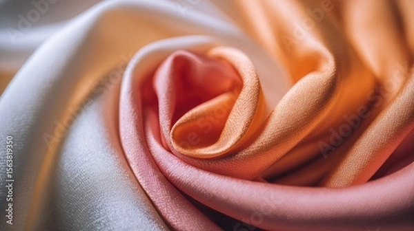 Fototapeta Close-up of white, orange, pink satin with spiral pattern, colors connecting at center, soft natural light, elegant atmosphere.