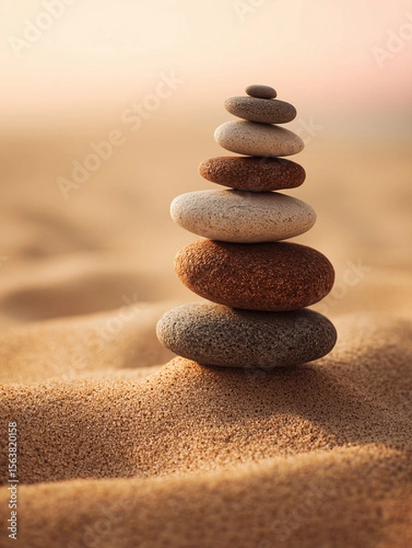 Obraz Balanced stack of natural stones on sandy beach with warm light creating peaceful and calm atmosphere in soft pastel color palette