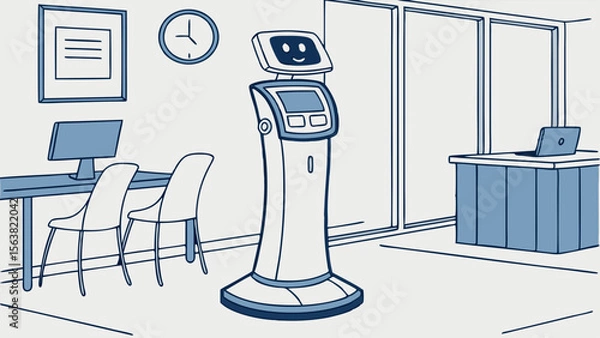 Fototapeta Friendly AI Robot Standing in a Modern Office or Reception Area, Illustrating Automation and Future Workplace Technology with a Clean Line Art Style