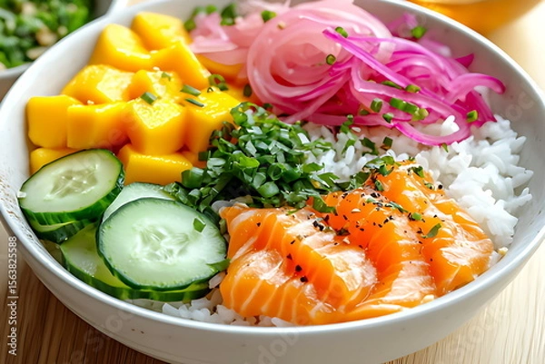 Fototapeta Sushi bowl with rice cucumber and mango slices