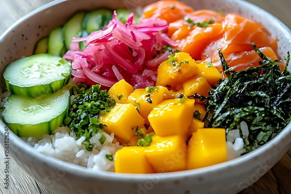 Fototapeta Sushi bowl with rice cucumber and mango slices