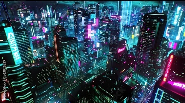 Fototapeta A neon-lit cyberpunk cityscape at night, with towering skyscrapers and holographic billboards, creating an immersive atmosphere of high-tech urban life.
