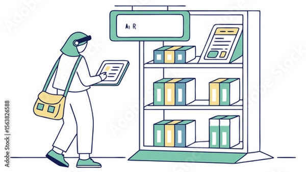 Obraz Woman Shopping with Tablet at Store Shelf, Flat Vector Illustration