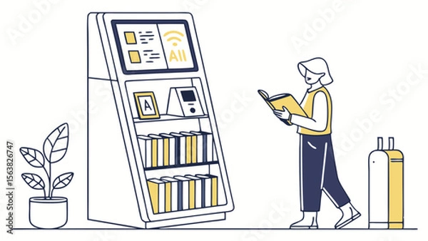 Obraz Automated Library: Woman Reading at a Digital Book Lending Station