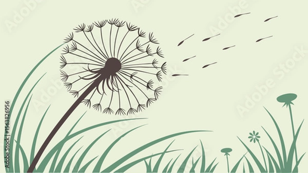 Obraz Dandelion Seeds Blowing in the Wind, Vector Illustration