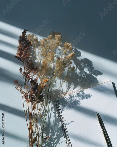 Fototapeta Notebook with dried flowers and pen under soft shadows