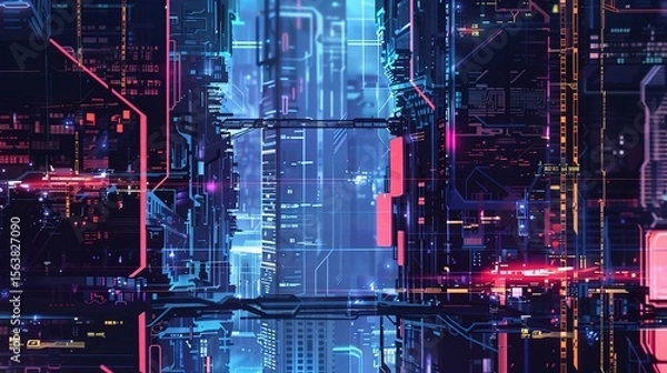 Fototapeta A futuristic cityscape with neon lights and holographic elements, showcasing advanced technology in an urban setting.