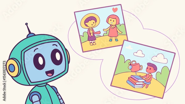 Obraz Robot Recalling Memories: Childhood Friends and Reading Together