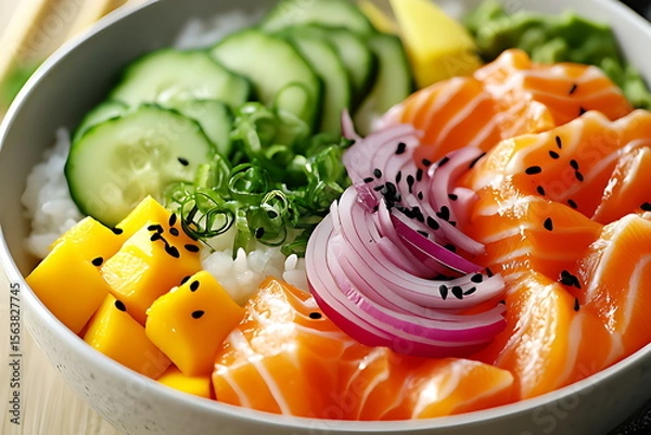 Fototapeta Sushi bowl with rice cucumber and mango slices