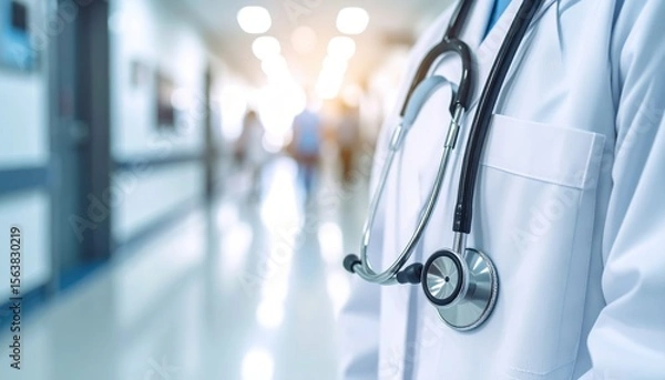 Fototapeta Doctor's white coat and stethoscope hanging with blurred hospital hallway background featuring light and patient figures
