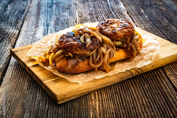 Fototapeta Takeaway sandwich with fried minced cutlets and caramelized onion on wooden table