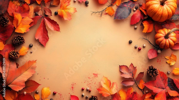 Fototapeta Autumn composition with colorful fallen leaves, pumpkins, pinecones, and nuts on warm background, creating seasonal frame with empty center space.