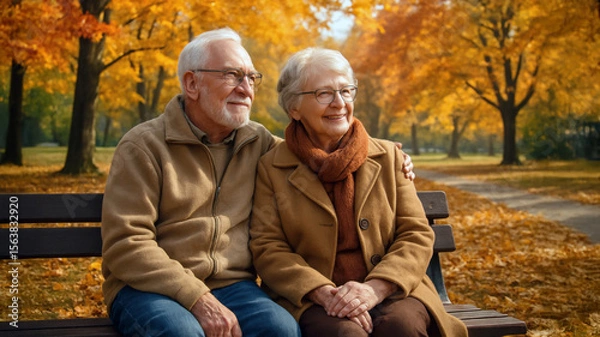 Fototapeta Senior couple sitting on park bench surrounded by autumn trees with colorful leaves, smiling and enjoying peaceful fall day together. Warm emotional scene.