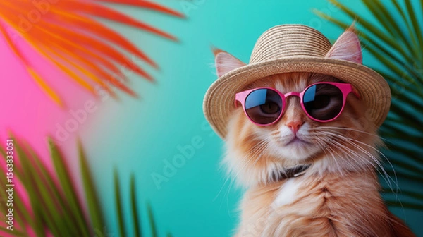 Fototapeta Ginger cat wearing straw hat and pink sunglasses with tropical palm leaves on colorful background. Fun summer vacation vibe with playful style.