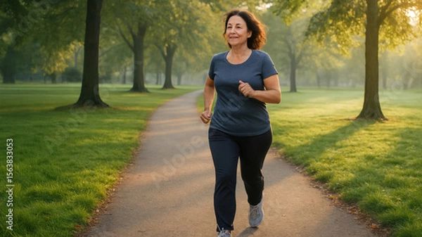 Fototapeta Middle-aged woman jogging on park path surrounded by green grass and trees in warm morning light. Active healthy lifestyle with natural calm.