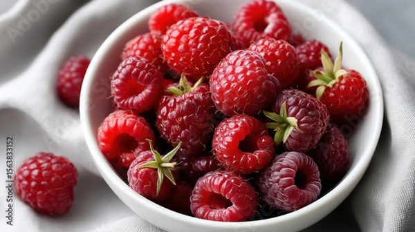 Fototapeta Fresh ripe raspberries in white bowl on soft fabric background. Bright red berries showcase natural summer harvest and healthy organic food.