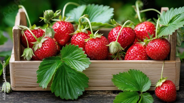 Fototapeta Fresh ripe strawberries with green leaves in wooden box on rustic table. Bright red berries showcase natural summer harvest and garden freshness.