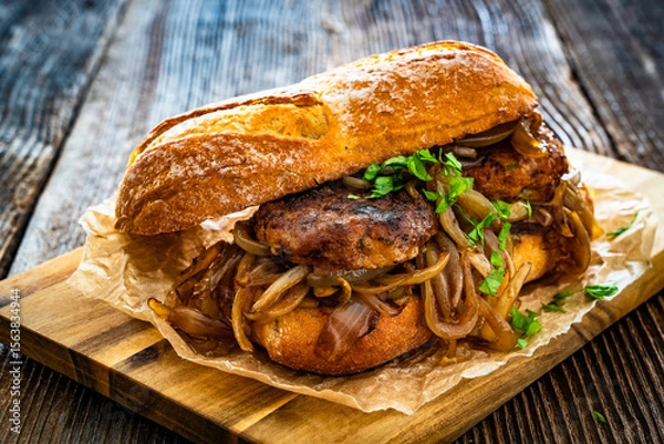Fototapeta Takeaway sandwich with fried minced cutlets and caramelized onion on wooden table