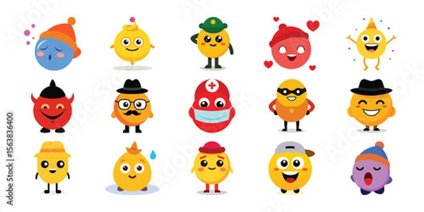 Fototapeta Vector art of collection of cute and funny emoji characters, isolated on white background