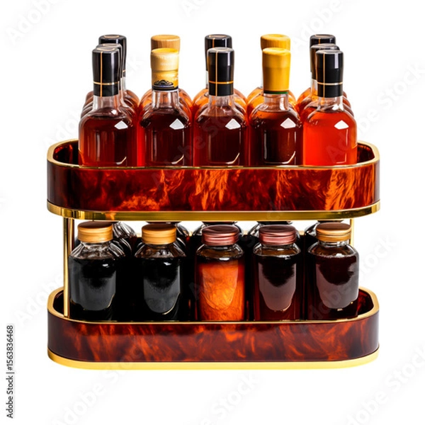 Fototapeta Elegant Display of Assorted Glass Bottles on Stylish Rack for Home Bar or Restaurant