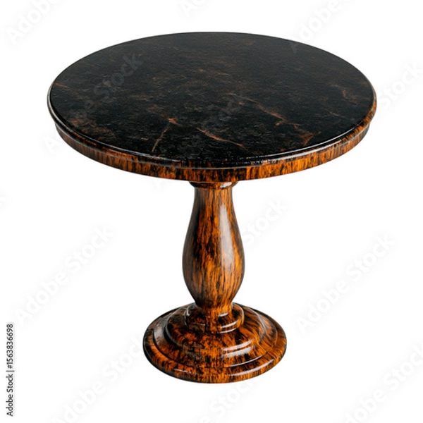 Fototapeta Elegant round dining table with dark marble top and ornate wooden pedestal design