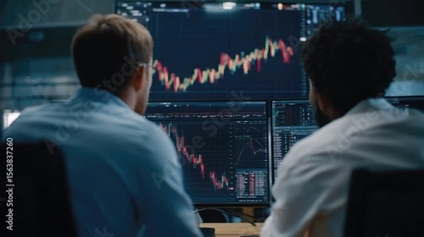 Fototapeta Modern finance expert and investor discussing digital assets, over-shoulder view with real-time chart on screen