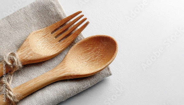 Fototapeta Eco-friendly bamboo fork and spoon placed on canvas cloth napkin on white background with space for text. Sustainability, zero waste and natural living concept