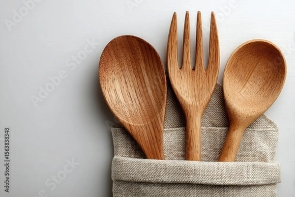 Fototapeta Eco friendly bamboo fork and spoon wrapped in canvas cloth napkin on white background. Concept of sustainability, zero waste and natural living. Copy space