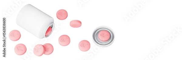 Fototapeta Children's vitamin supplements containing essential omega-3 fatty acids. Plastic jar spilling red pills isolated on transparent background. 3D illustration.
