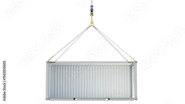 Fototapeta Empty white sea container without side wall lifted by crane. Side view isolated on transparent background. 3D illustration