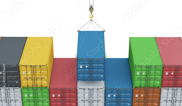 Fototapeta Crane unloading containers isolated on transparent background. Freight port terminal. Lifting blue shipping container. Concept of warehouse logistics. 3D illustration